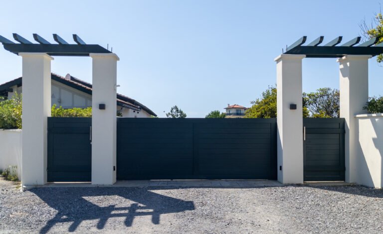 modern home grey gate portal of suburb door house facade