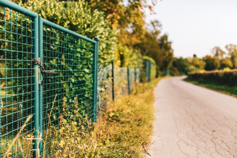 A closeup shot of a metallic fence and bushes near a road